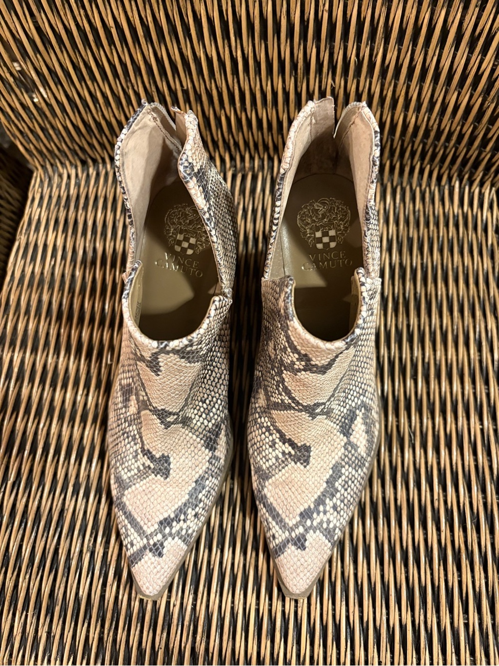 Vince Camuto Cream & Tan Snake-Print Pointed Toe Booties